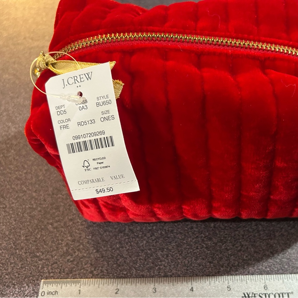 J. Crew Red Quilted Cosmetic Bag Velvet